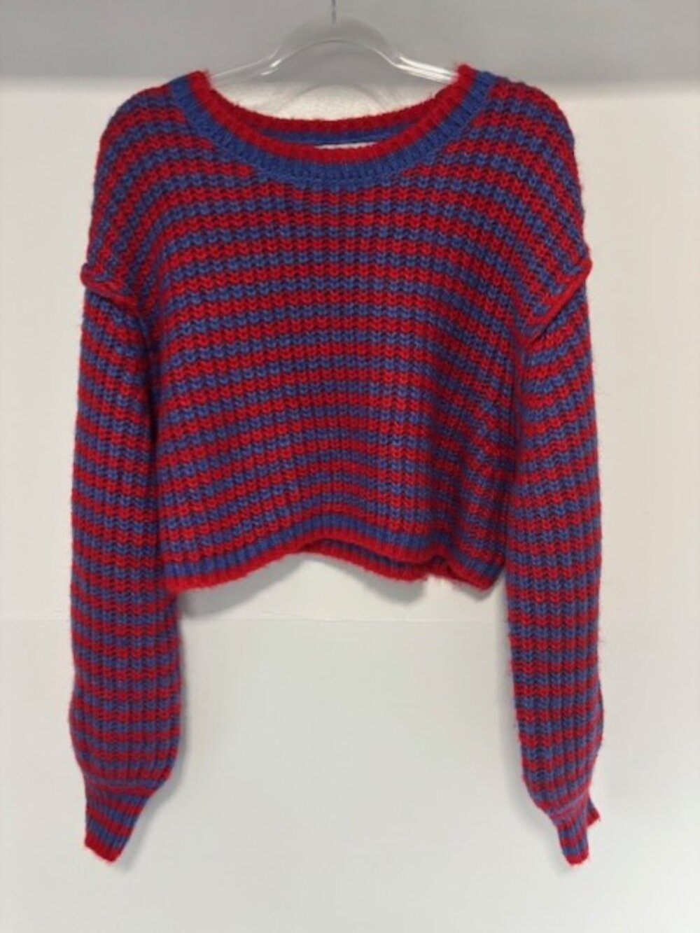 Zara L Wool Alpaca Blend Striped Knit Sweater Red Blue Cropped Pullover Women’s